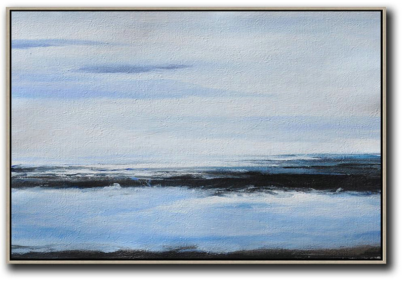 Handmade Large Contemporary Art,Horizontal Palette Knife Contemporary Art,Artwork For Sale,Sky Blue,White,Black.etc